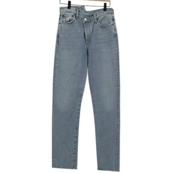 AGOLDE Blue Criss Cross Whiskering Fringe Raw Hem Cotton Straight Jeans Size 25 - Picture 2 of 8